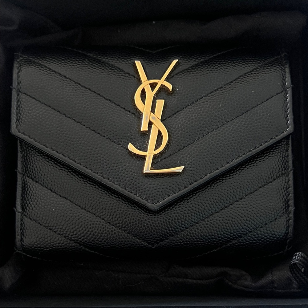 AUTH Black Yves Saint Laurent TriFold Wallet w/ Gold YSL Logo (+box)